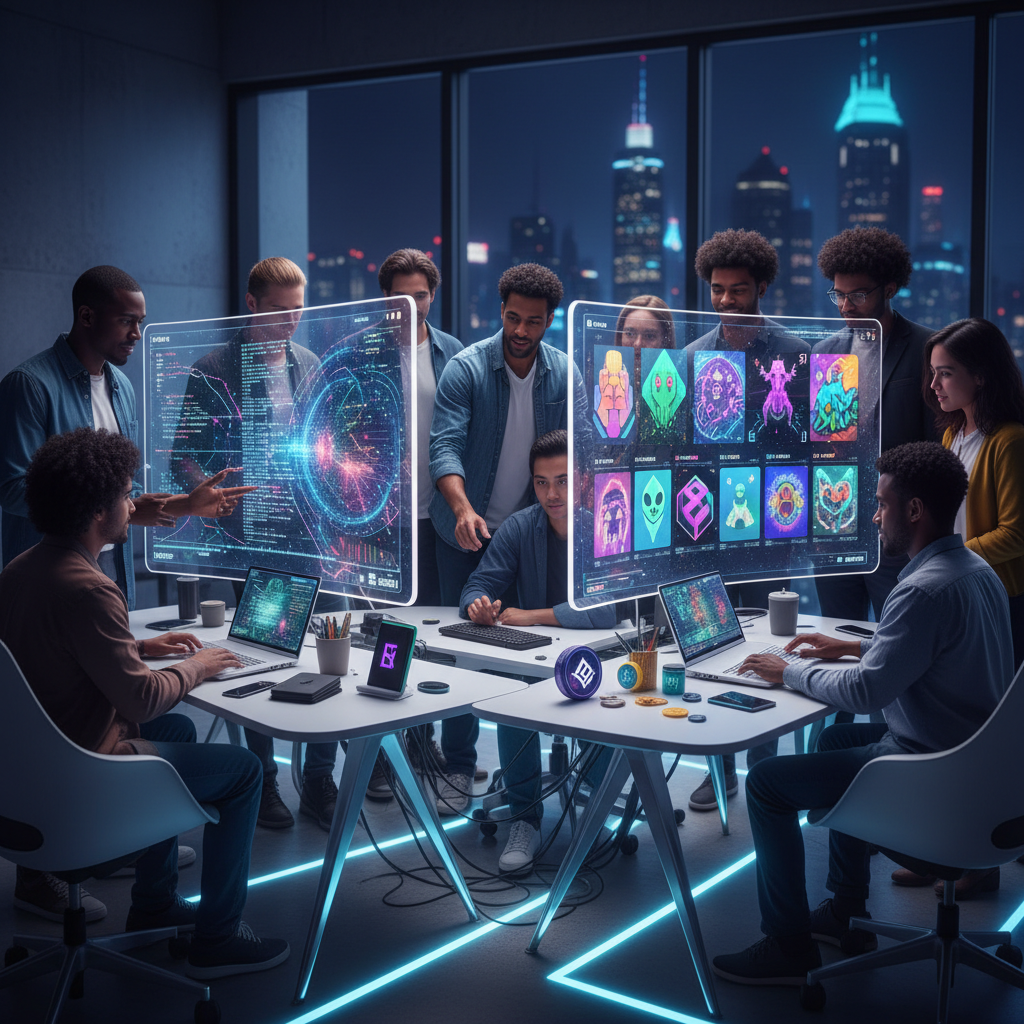 Diverse group of people collaborating around technology — bright modern office space with screens showing data and community tools
