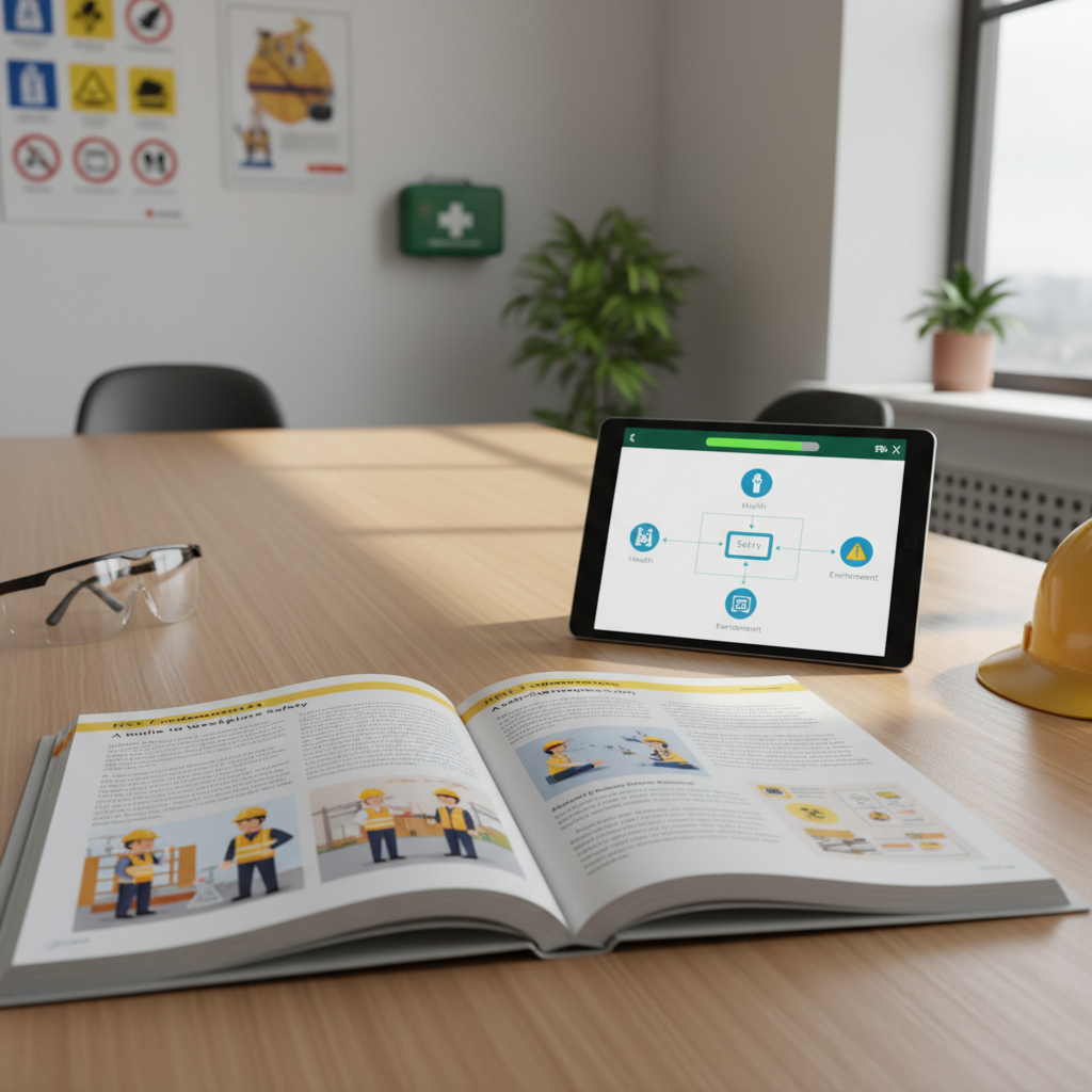 Open book with safety icons on a bright white desk, well-lit studio environment