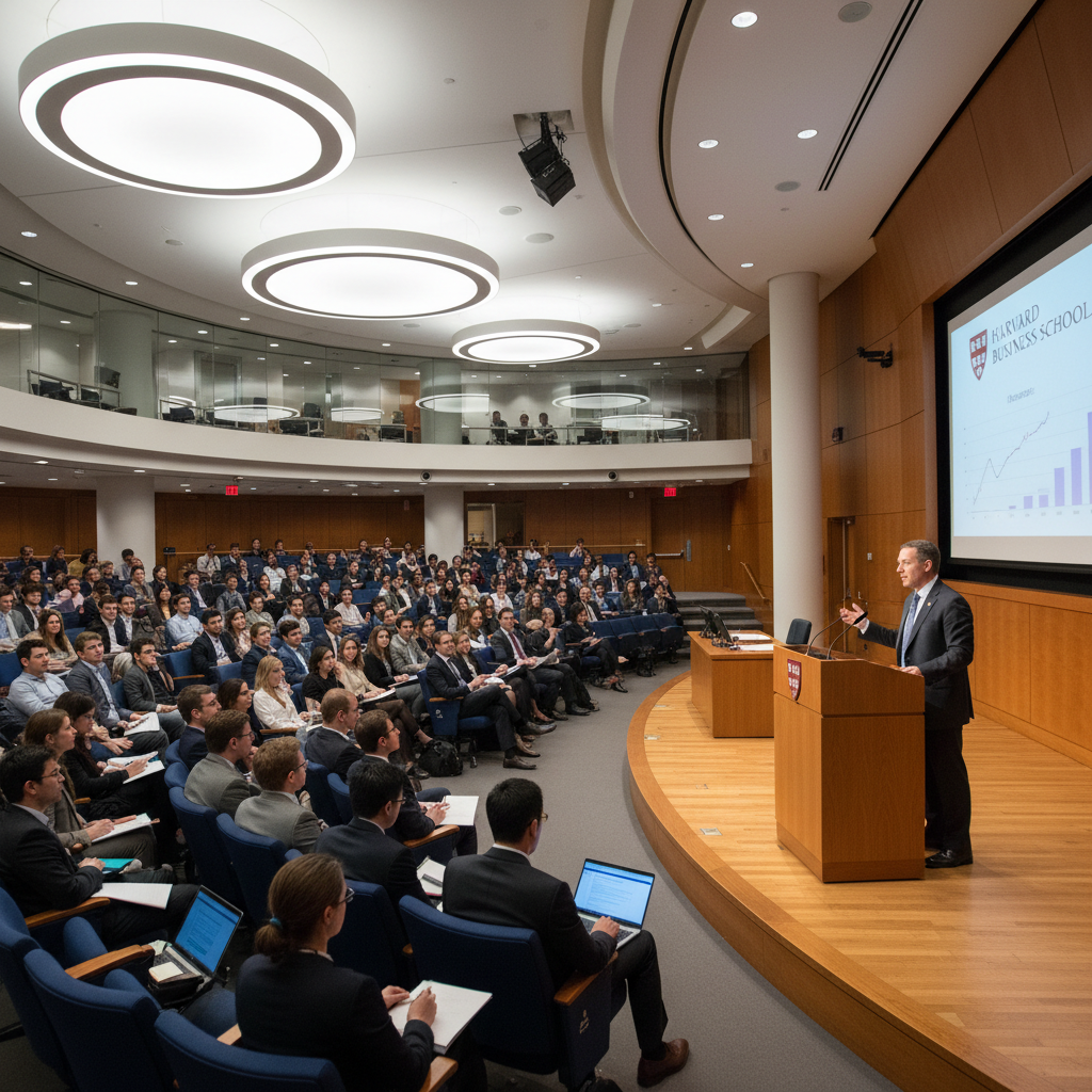 Speaker presenting on stage at Harvard Business School lecture hall, formal setting