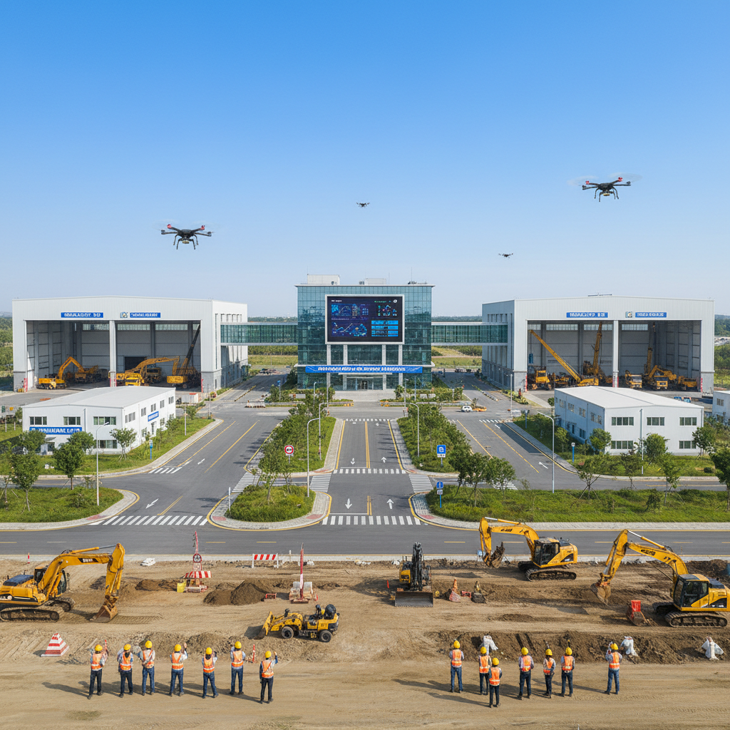Aerial drone shot of large active construction site with cranes, steel framework, and construction workers in PPE under clear sky — dark moody industrial lighting with deep shadows