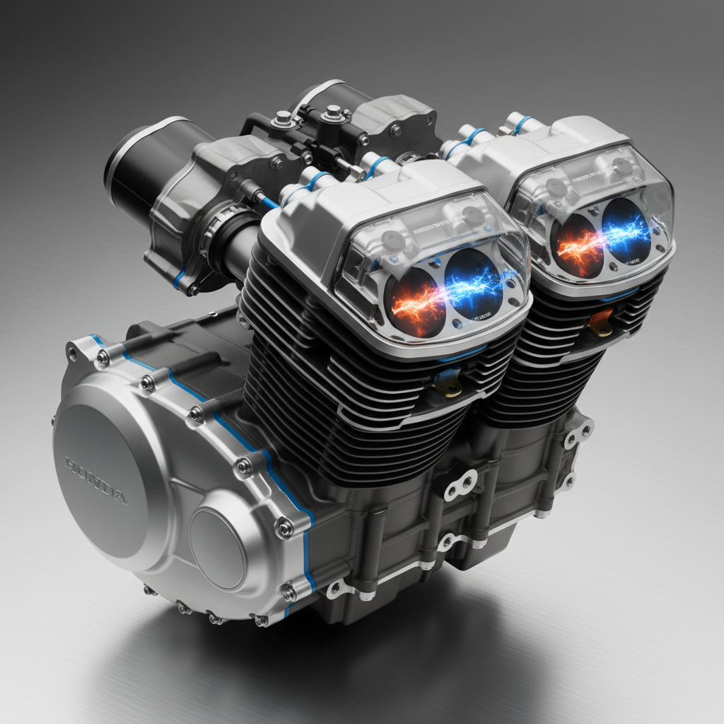 Honda naked motorcycle studio shot, dramatic lighting, exposed engine, aggressive design
