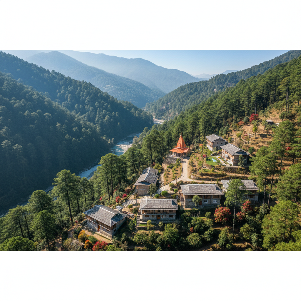 Majestic Himalayan mountain peaks with morning mist and pine forests creating a serene spiritual atmosphere