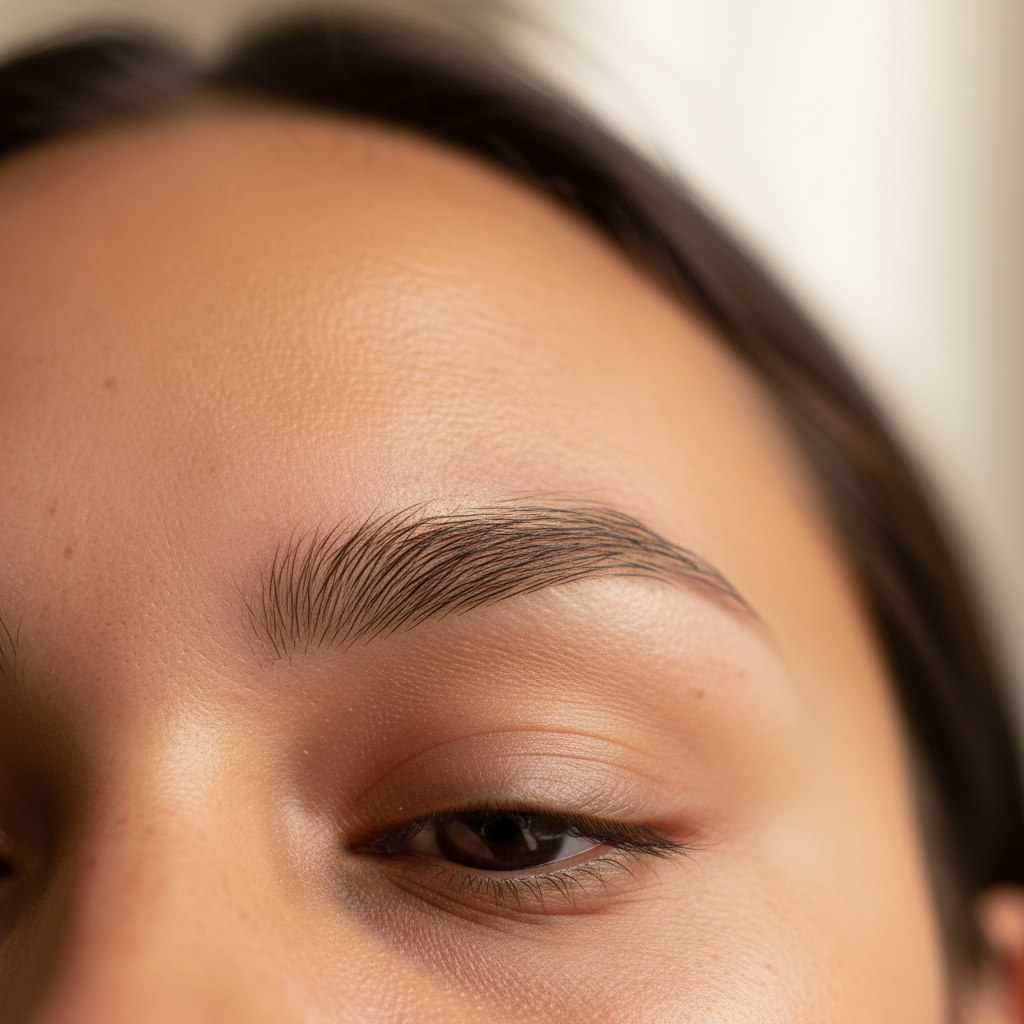 Close-up of perfectly shaped eyebrows after microblading treatment, natural hair-stroke effect on light skin tone