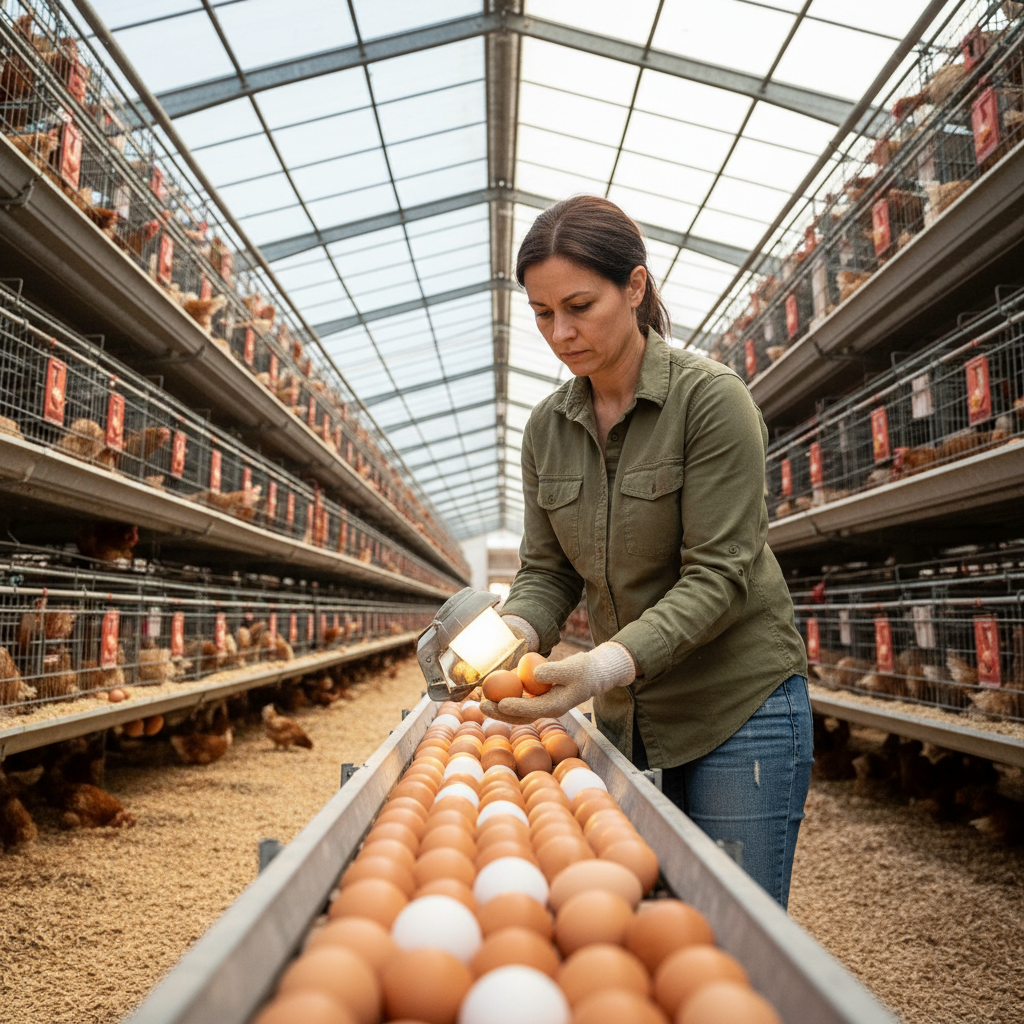 Female farmer in green shirt inspecting eggs at commercial layer farm in Uganda
