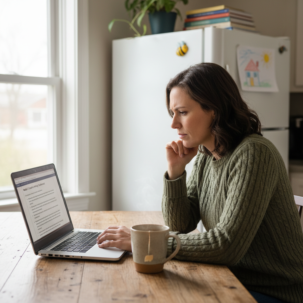 Woman at kitchen table with laptop open to a course module, mug of tea beside her, child's drawing pinned to fridge in soft background