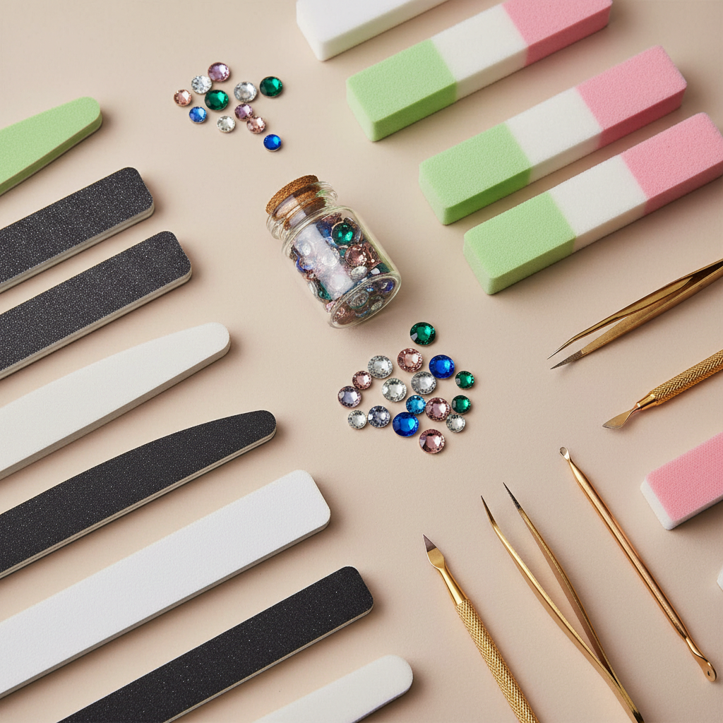 Nail accessories including nail files buffers and decorative gems