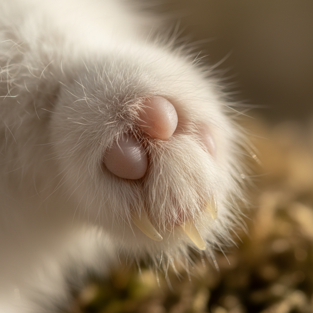 Close-up of a rabbit paw pad showing the soft fur between toes and the gentle curve of tiny claws
