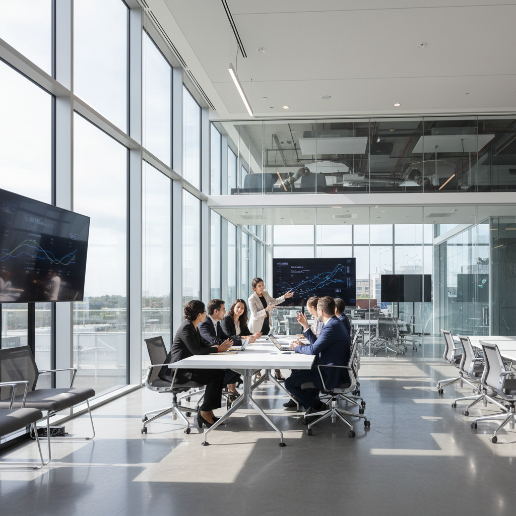 Business team reviewing market data on a large screen in a conference room, natural window light