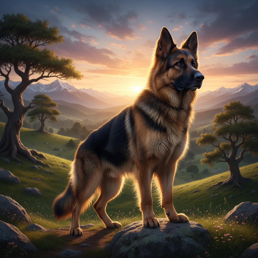 Valor the German Shepherd sire standing proud in yard showing full coat and stature