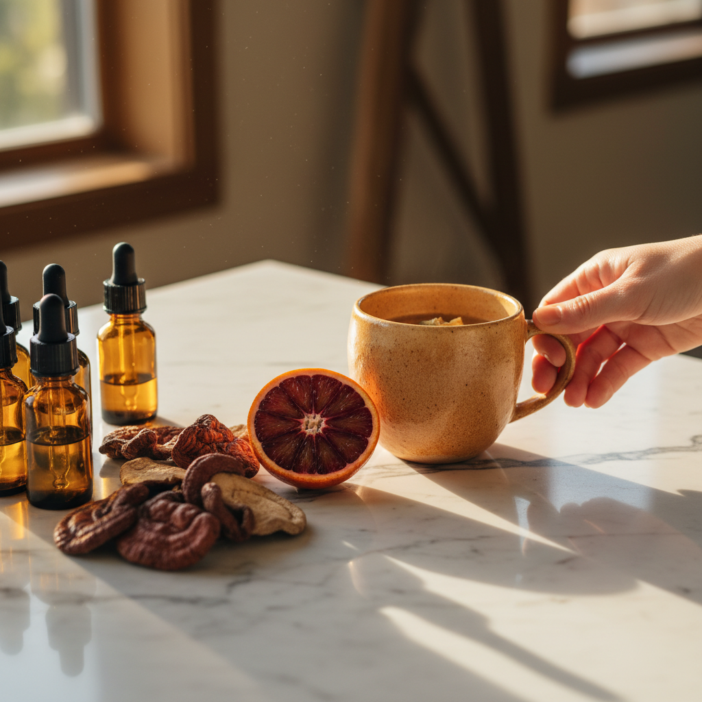 Marble countertop with amber dropper bottles, dried reishi slices, a blood orange half, and a hand reaching for a ceramic cup of golden liquid in warm afternoon light