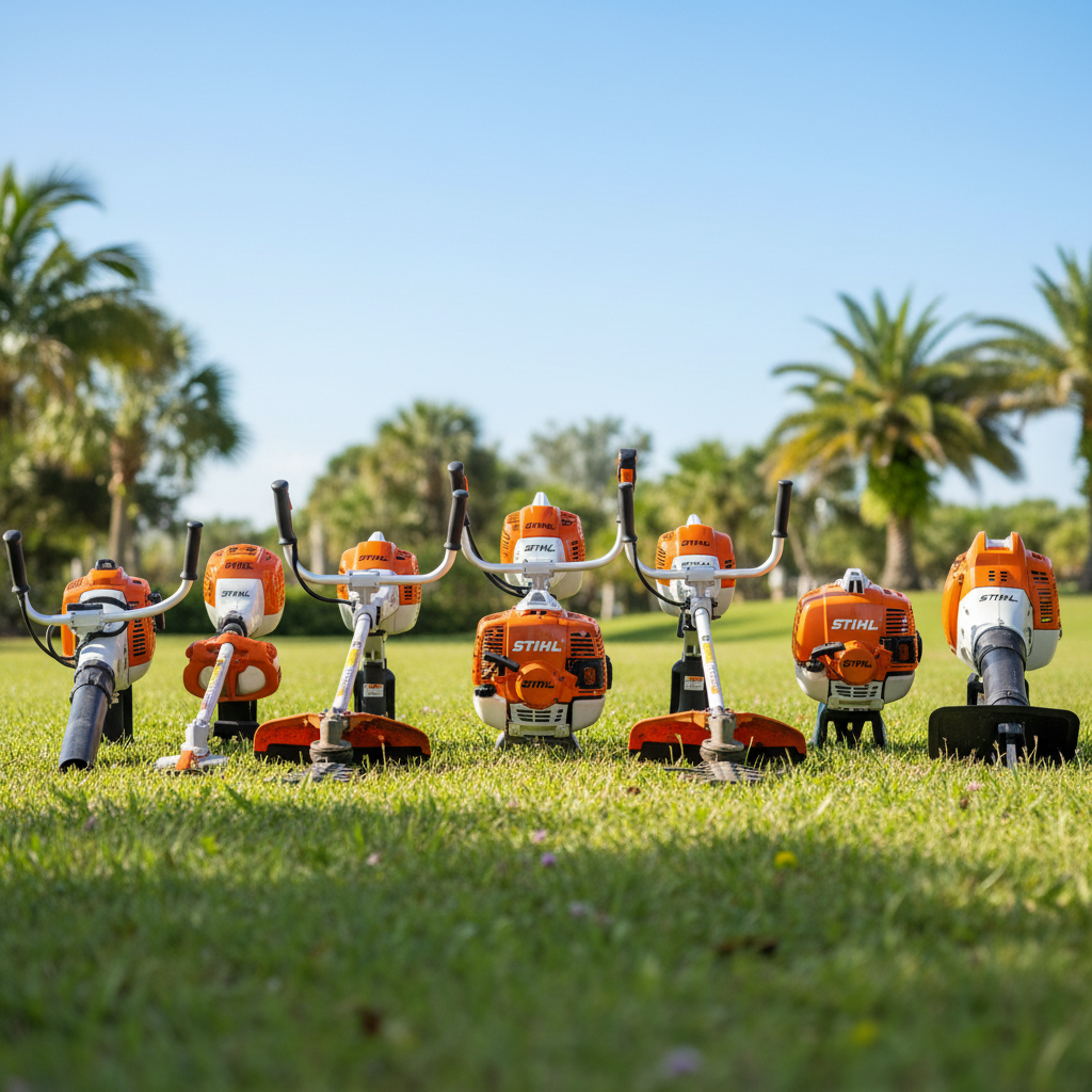 STIHL professional handheld trimmers and blowers displayed outdoors, bright Florida sunshine