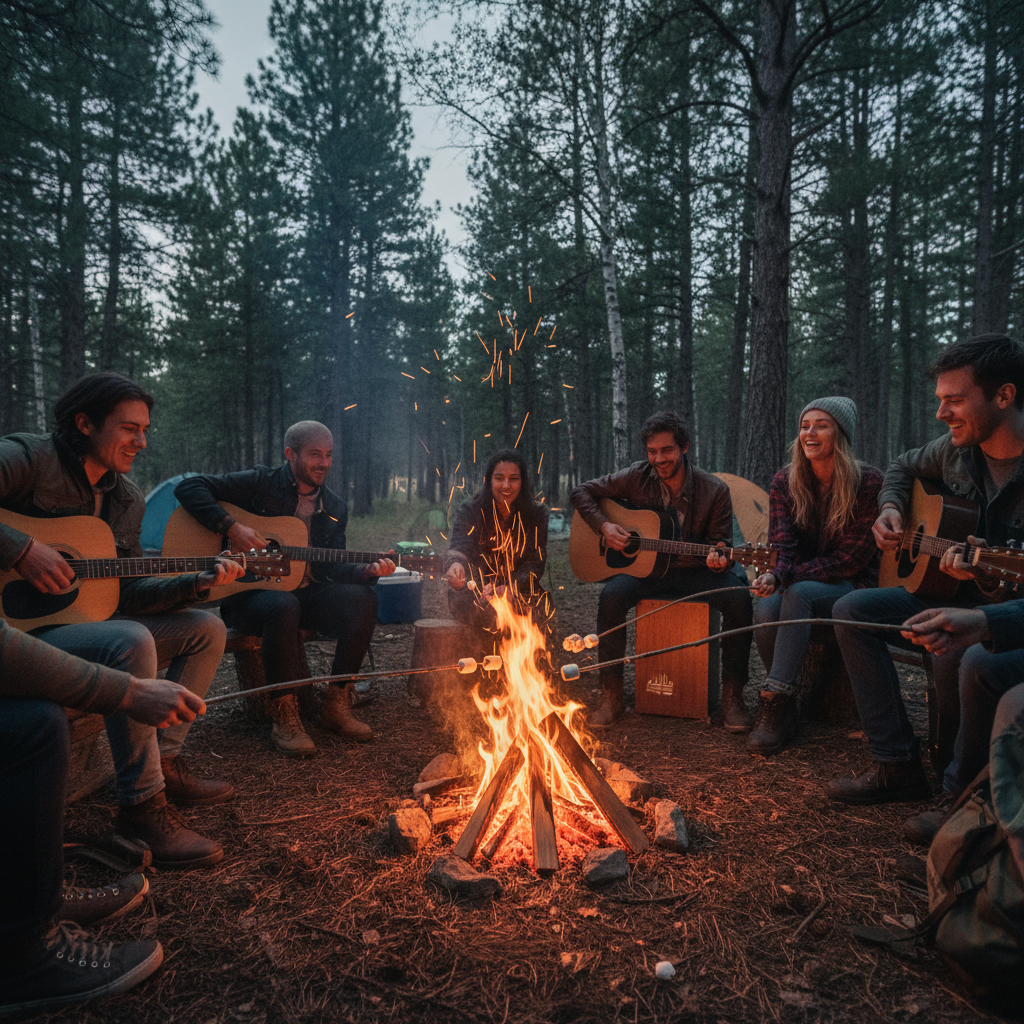 Group campfire jam session with marshmallow sticks