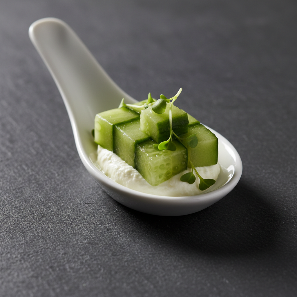 Single white ceramic spoon holding a small amuse-bouche of compressed cucumber and cream against a dark slate surface