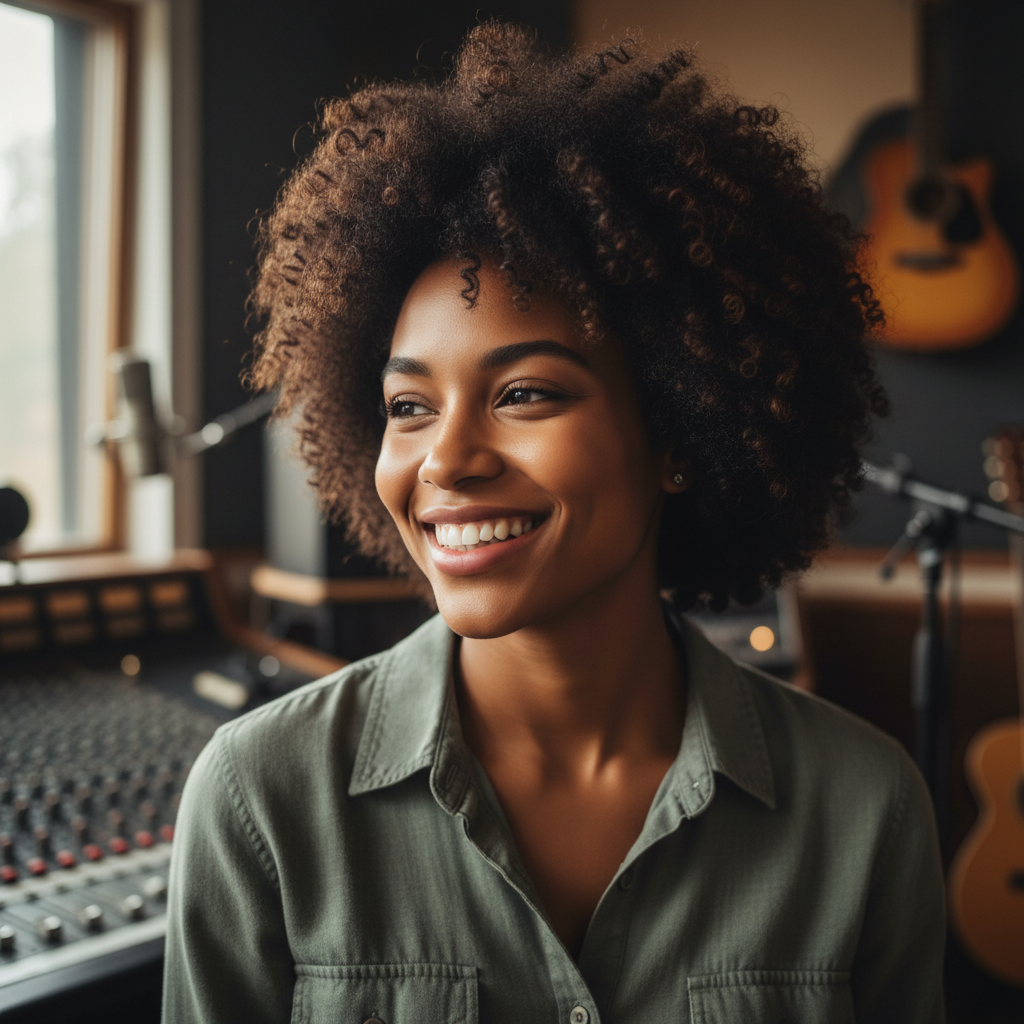 Amara Osei, Black woman with radiant skin and natural hair in beauty content creation setting