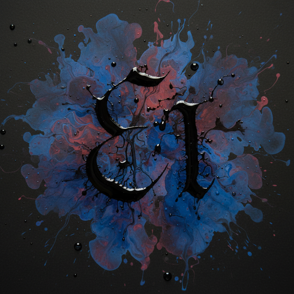 Experimental ink study — letters dissolving into abstract ink wash on black paper