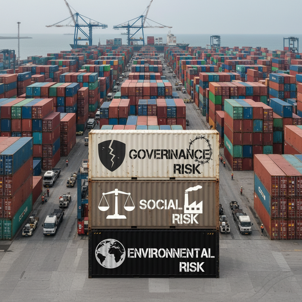 Shipping containers at port, global trade and export logistics