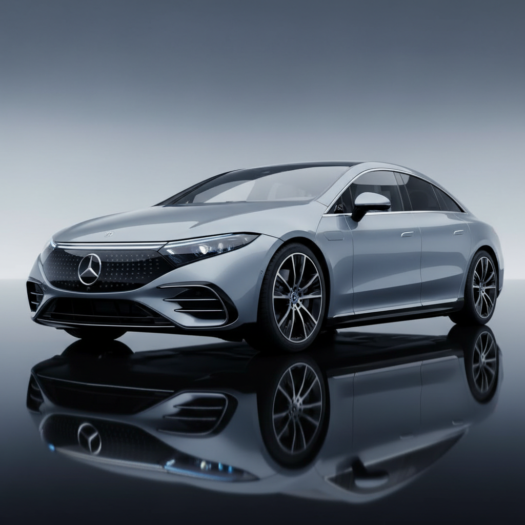 Silver Mercedes EQS luxury electric sedan at charging station