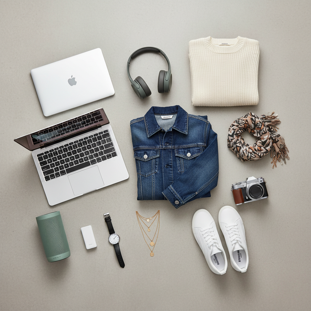 Electronics devices including laptop and headphones on dark background, tech product flatlay