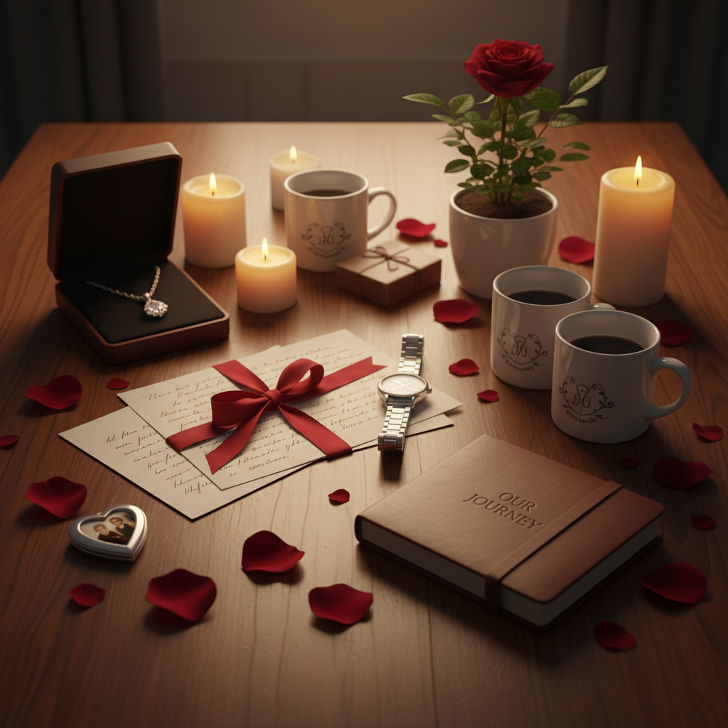 Couple sharing a romantic moment exchanging gifts in a dimly lit room with candles and rose petals, dark moody intimate atmosphere