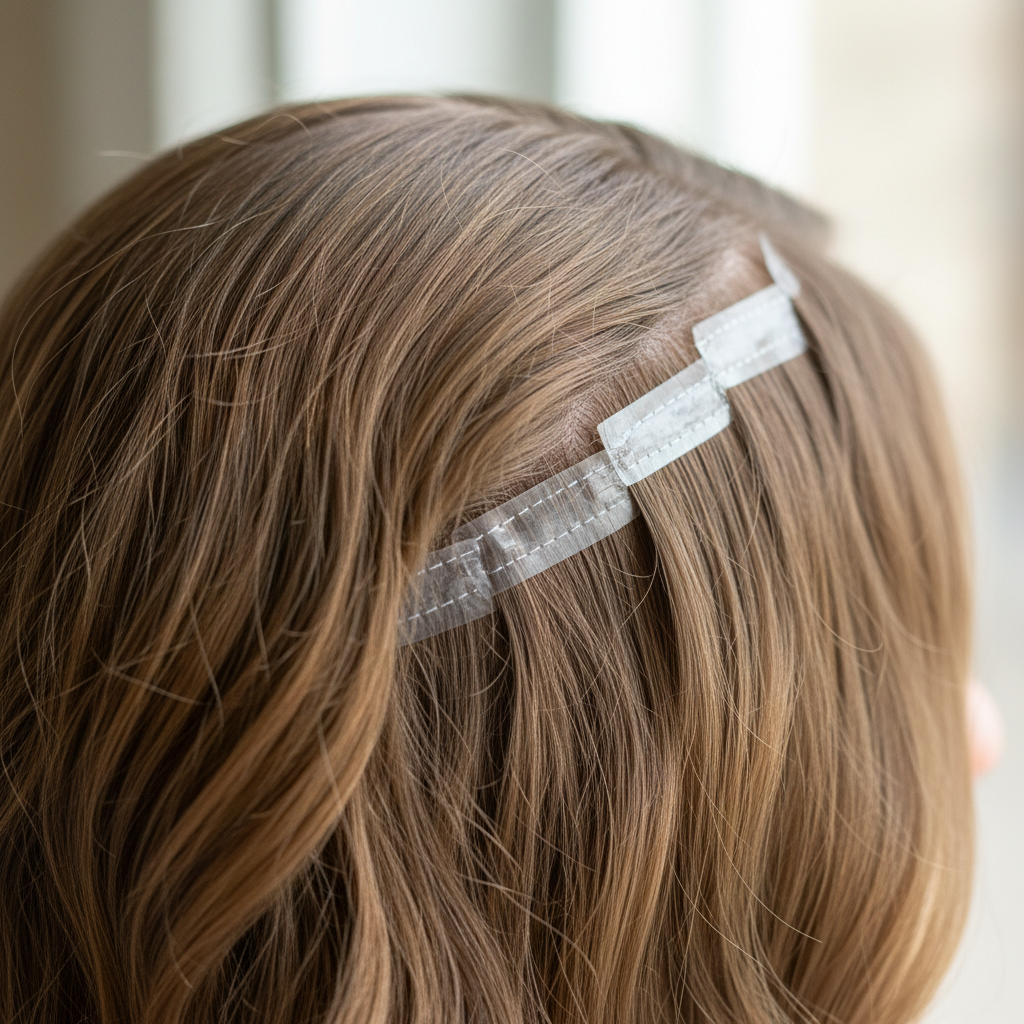 Tape-in hair extensions close-up showing seamless blend, clean bright studio