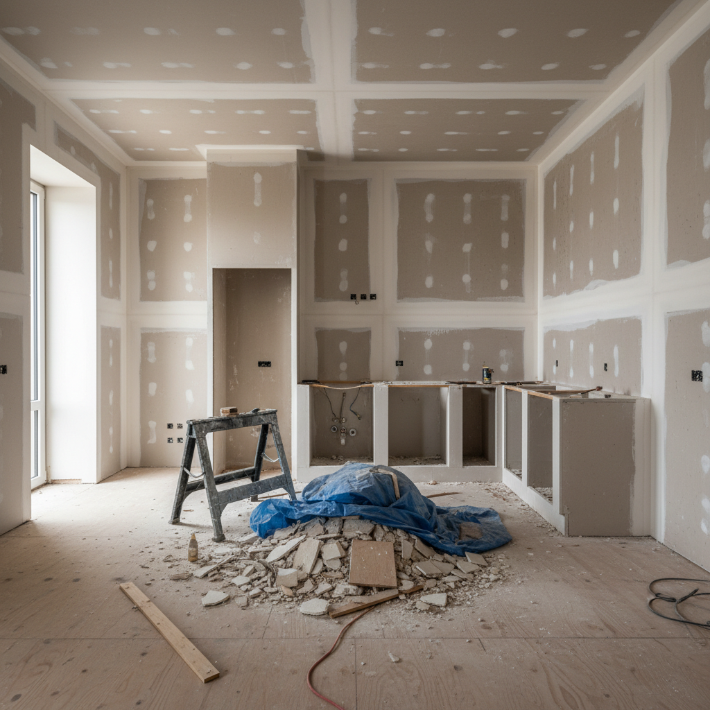 Gutted kitchen showing exposed drywall and removed cabinets before renovation