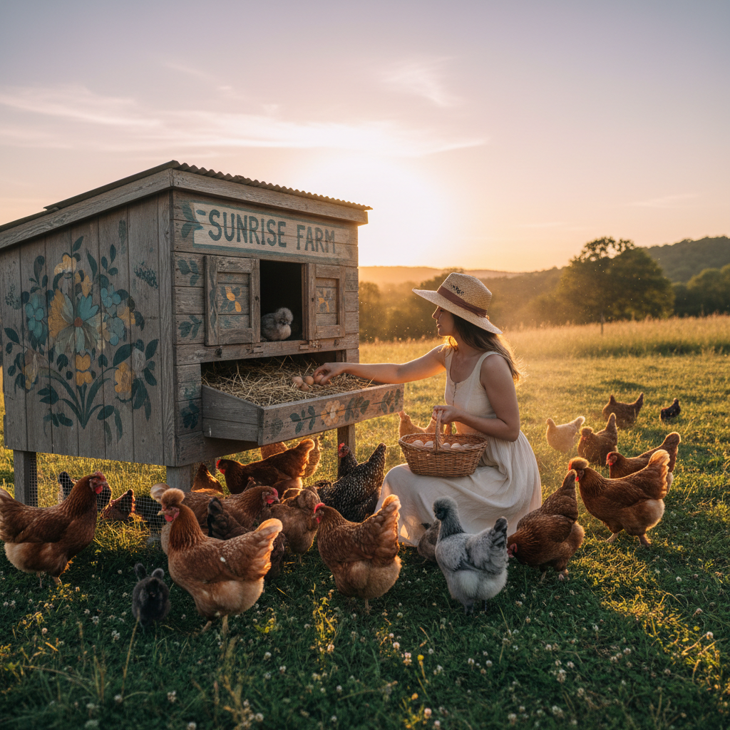 Golden-hour backyard with free-range hens pecking at grass, a woman in a straw hat collecting eggs from a painted wooden coop
