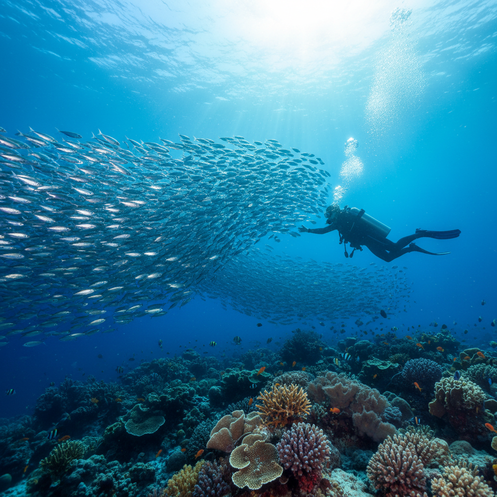 Scuba diver floating above vibrant coral reef in clear blue water, sunlight filtering down in dramatic rays through crystal ocean