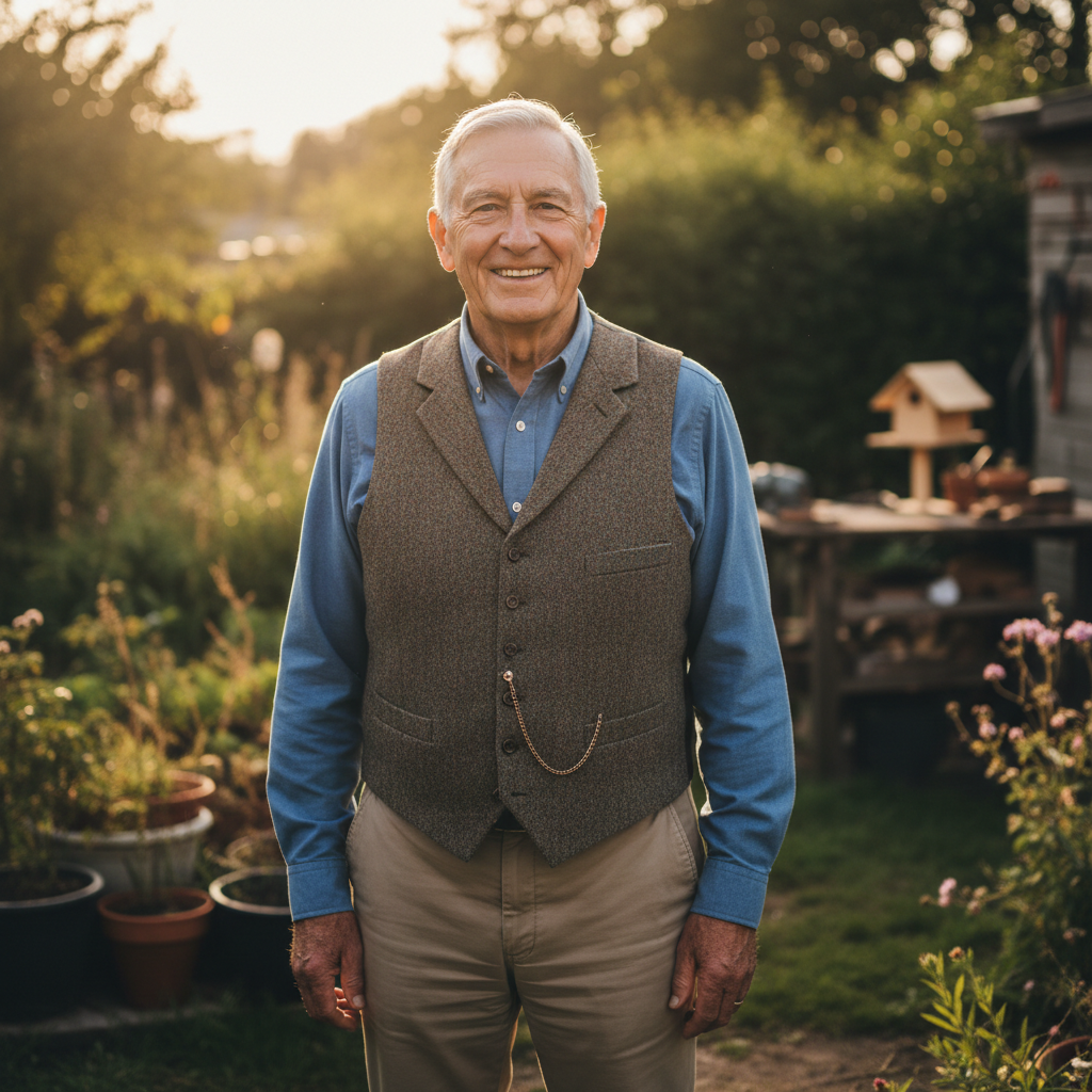 George, retired engineer, smiling at camera in afternoon light
