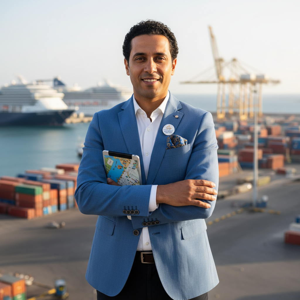 Karim Tazi — Beoglobe shore excursion specialist, Moroccan man, professional, port background