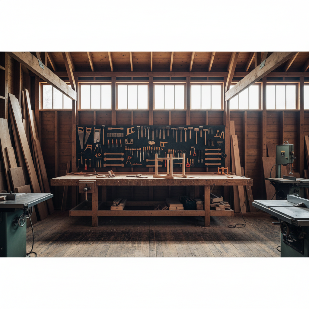 Timber workshop with workbench along wall, tools hanging, natural light from clerestory windows