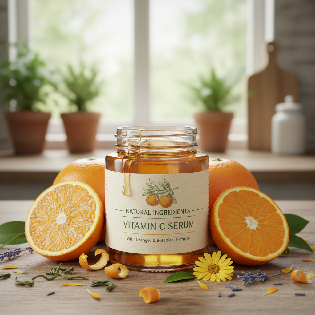Orange-tinted vitamin C serum bottle with citrus slices and green leaves on white marble — bright airy studio, fresh natural ingredients styling