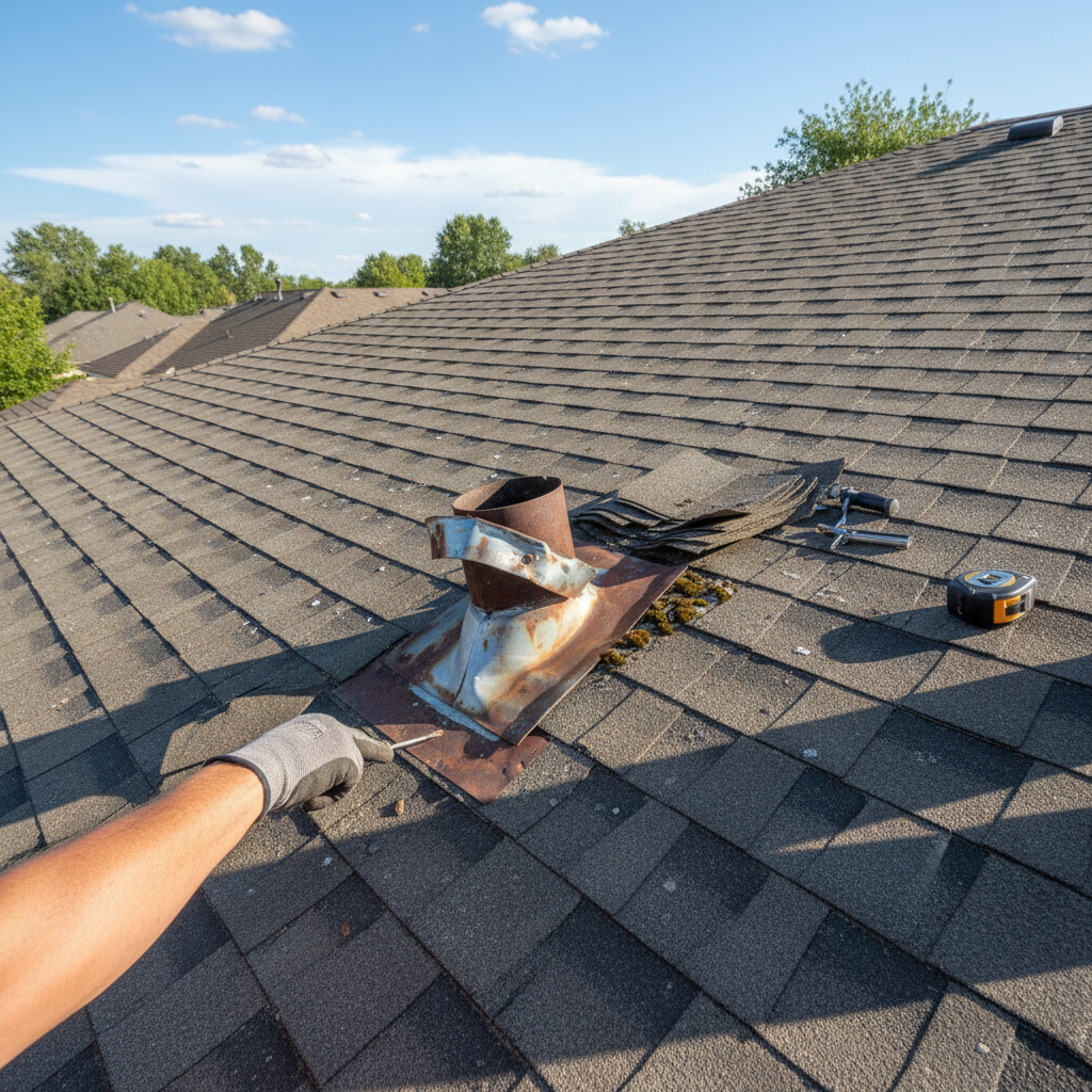 Roofer inspecting shingles from the ridge of a residential home