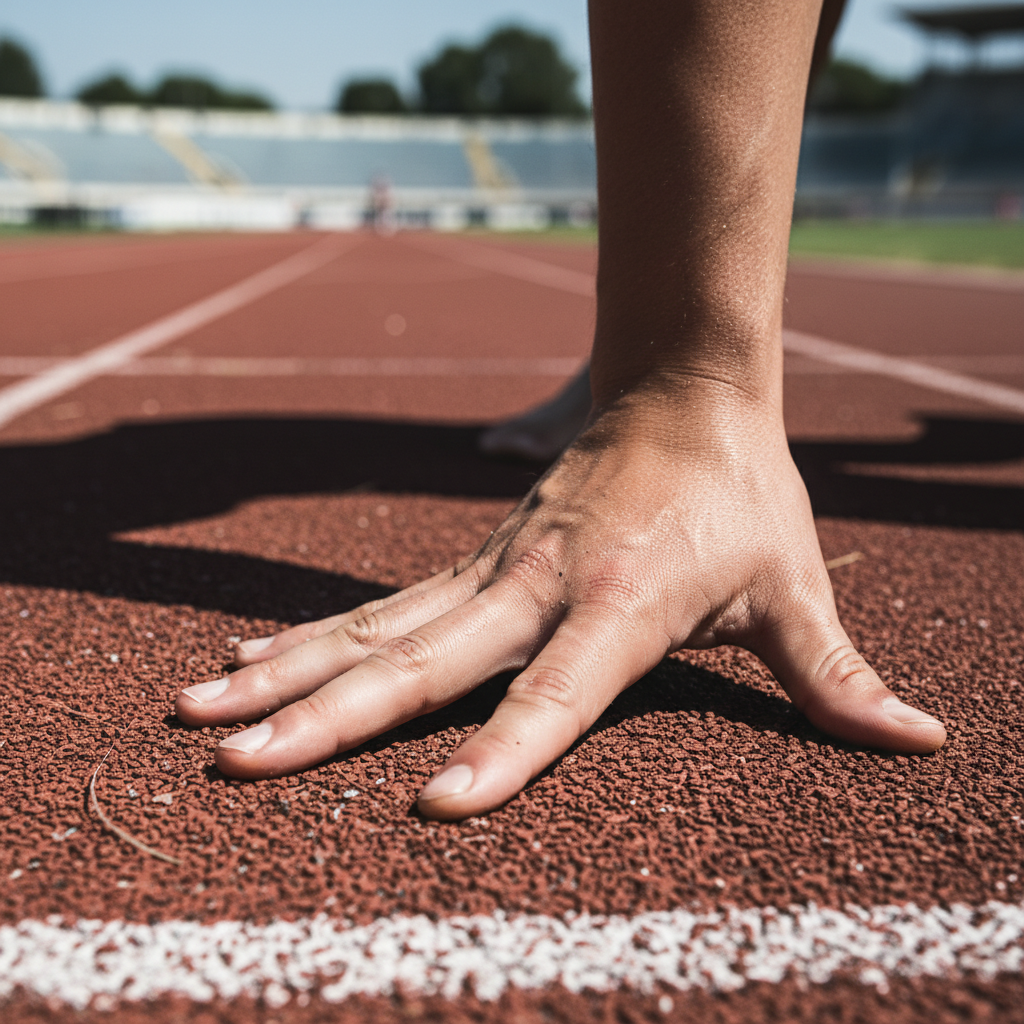 Sprinter's hand pressed into track surface at starting line, fingers splayed, lane number 4 ahead
