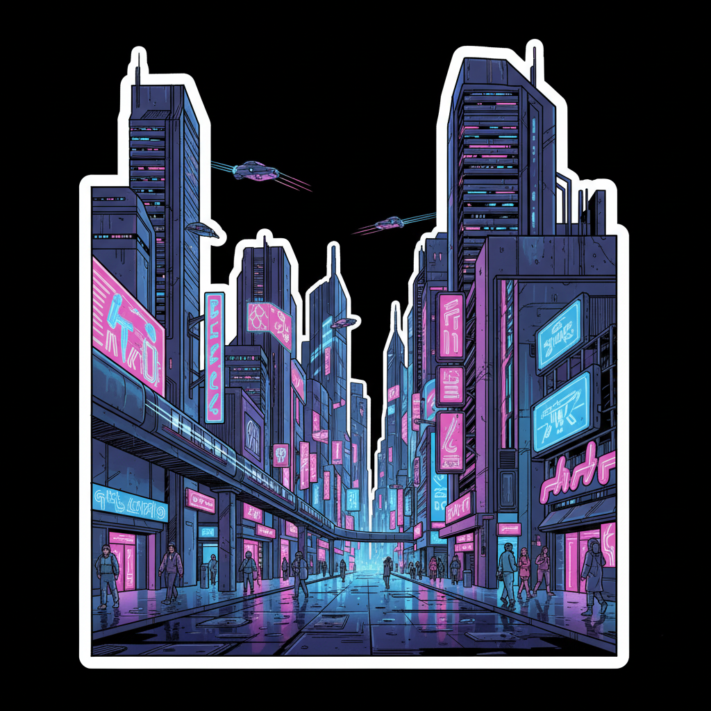 Futuristic cyberpunk cityscape at night with neon blue and purple lights reflecting on wet streets
