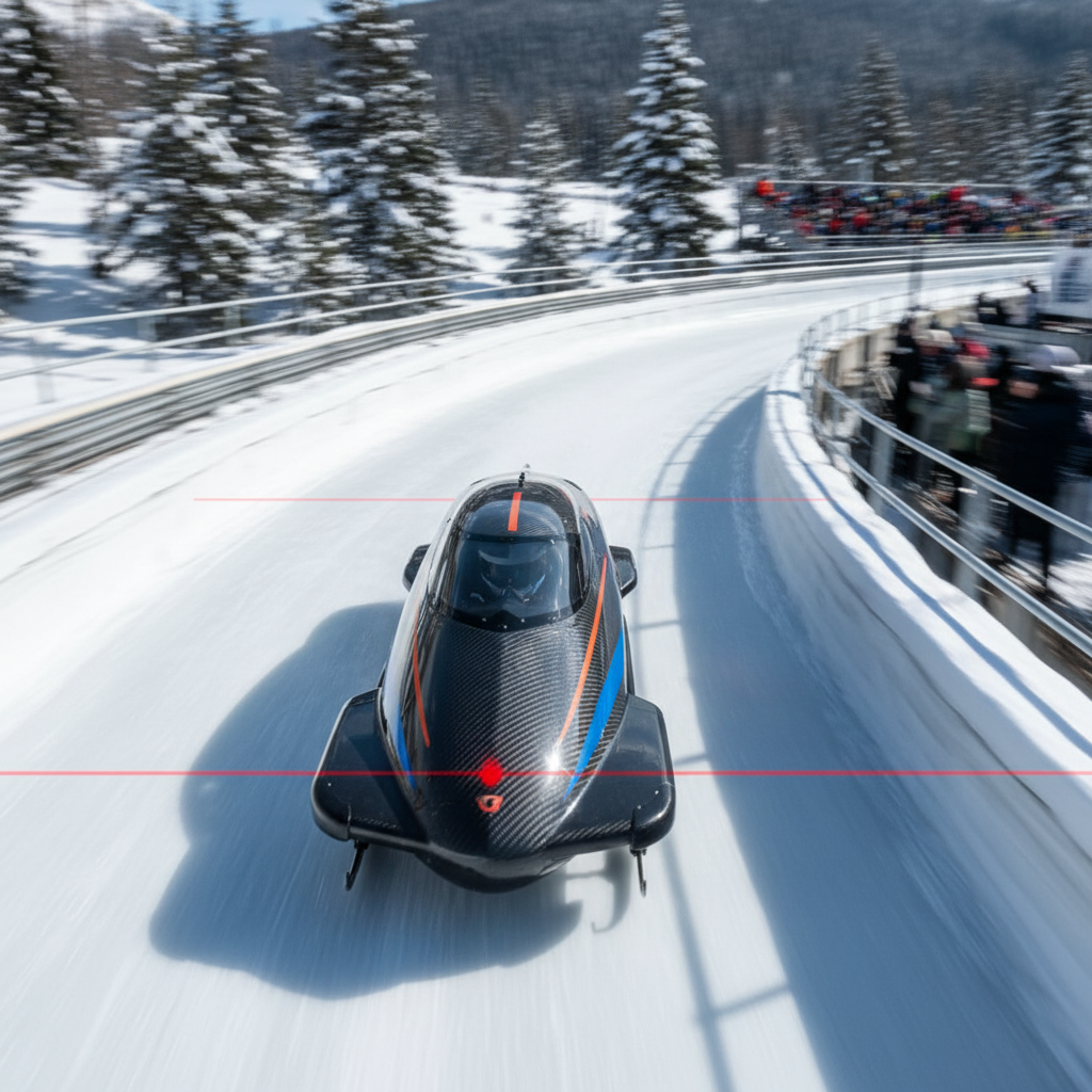 Bobsled accelerating through first timing eye, drone shot chasing carbon-fiber cowling down first curve at high speed
