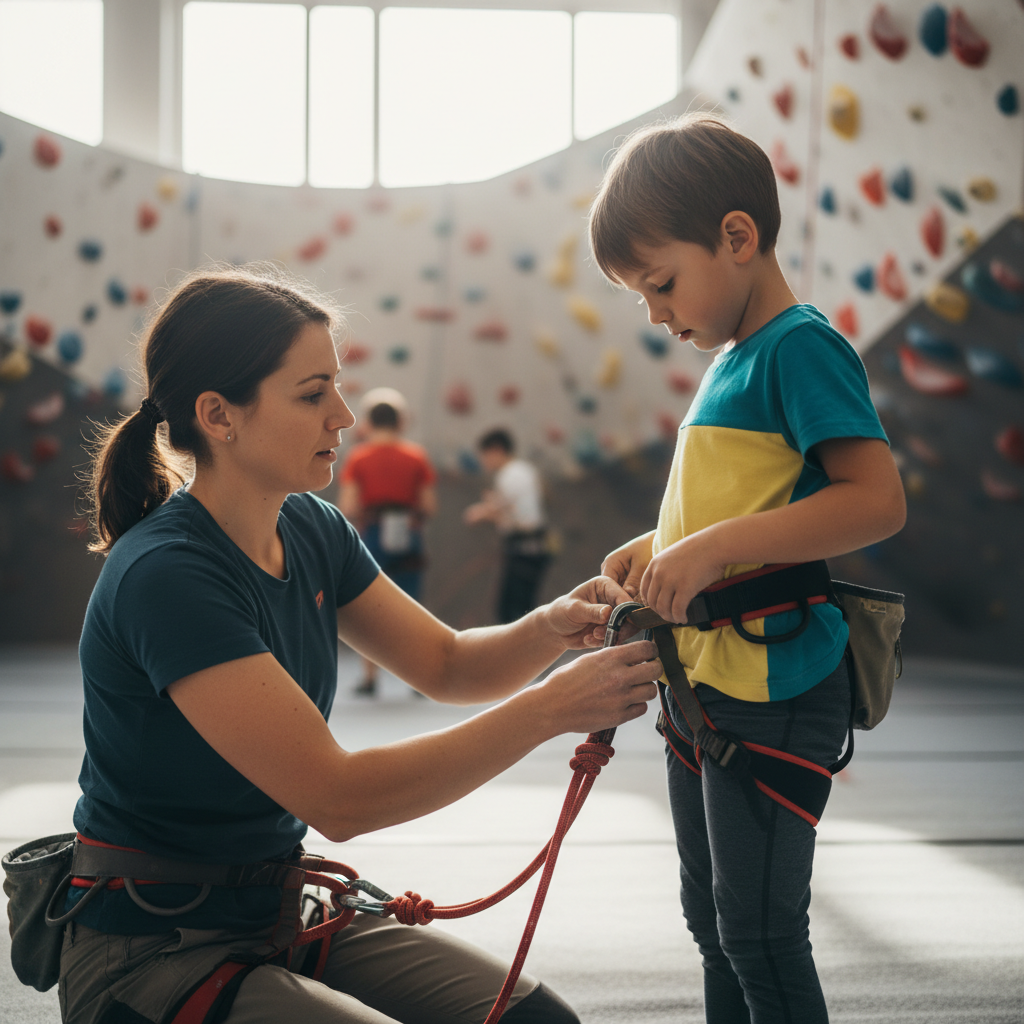 Climbing coach kneeling to carefully adjust a child's safety harness, both focused and serious about the safety check process