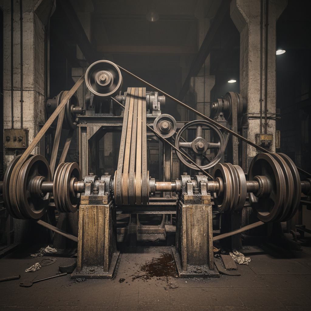 Industrial belt drive machinery in dark factory environment, mechanical power transmission system