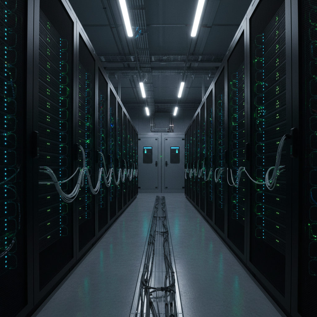 Abstract data center visualization with glowing server racks and digital infrastructure for trust verification