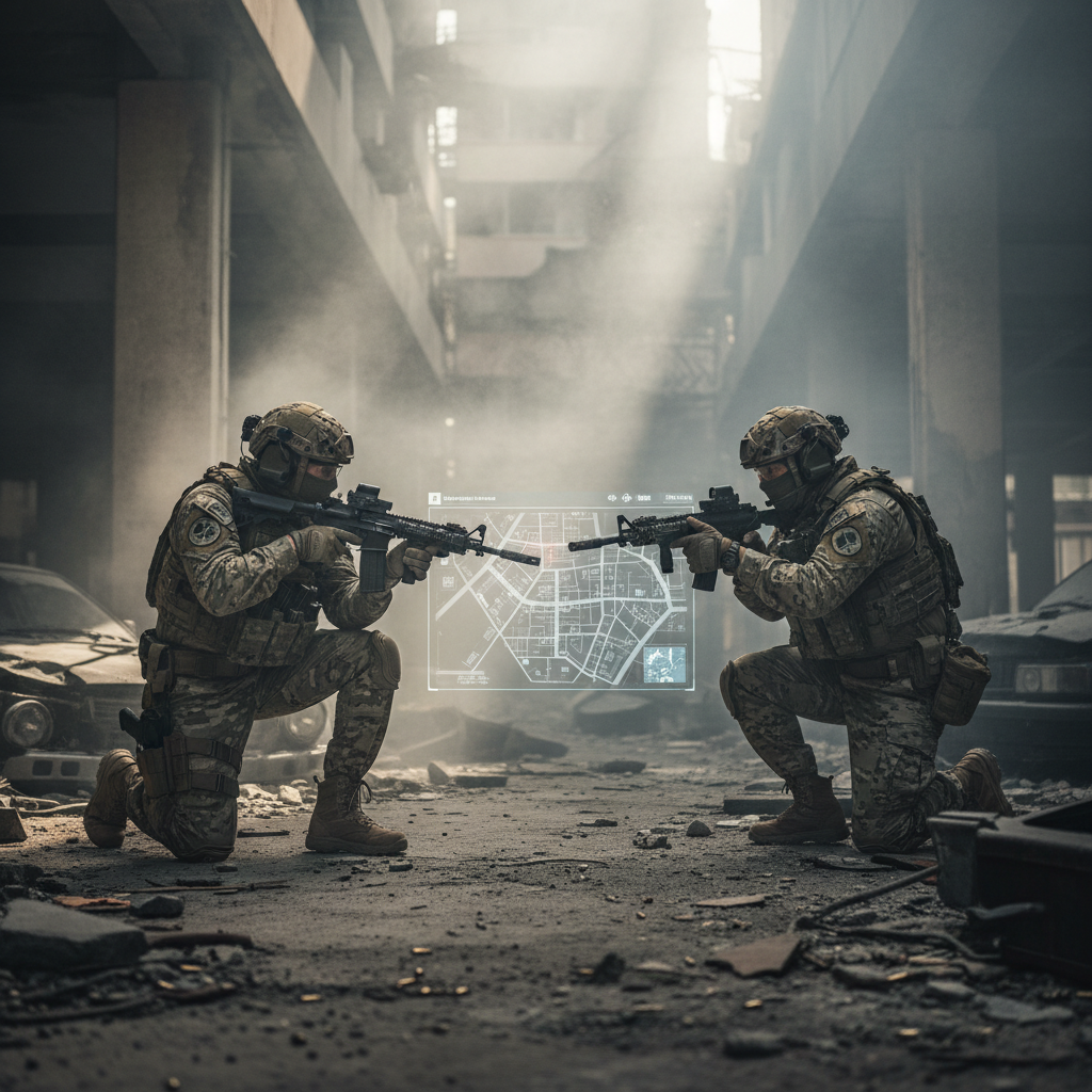 Airsoft operator in full PMC kit with helmet and night vision mount moving through smoke in dark urban environment, cinematic lighting