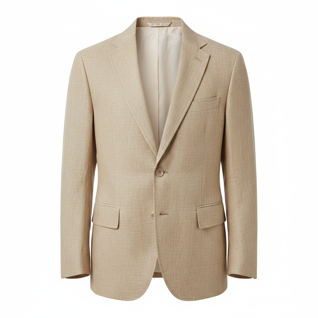 Oatmeal linen blazer with natural buttons laid flat on white surface