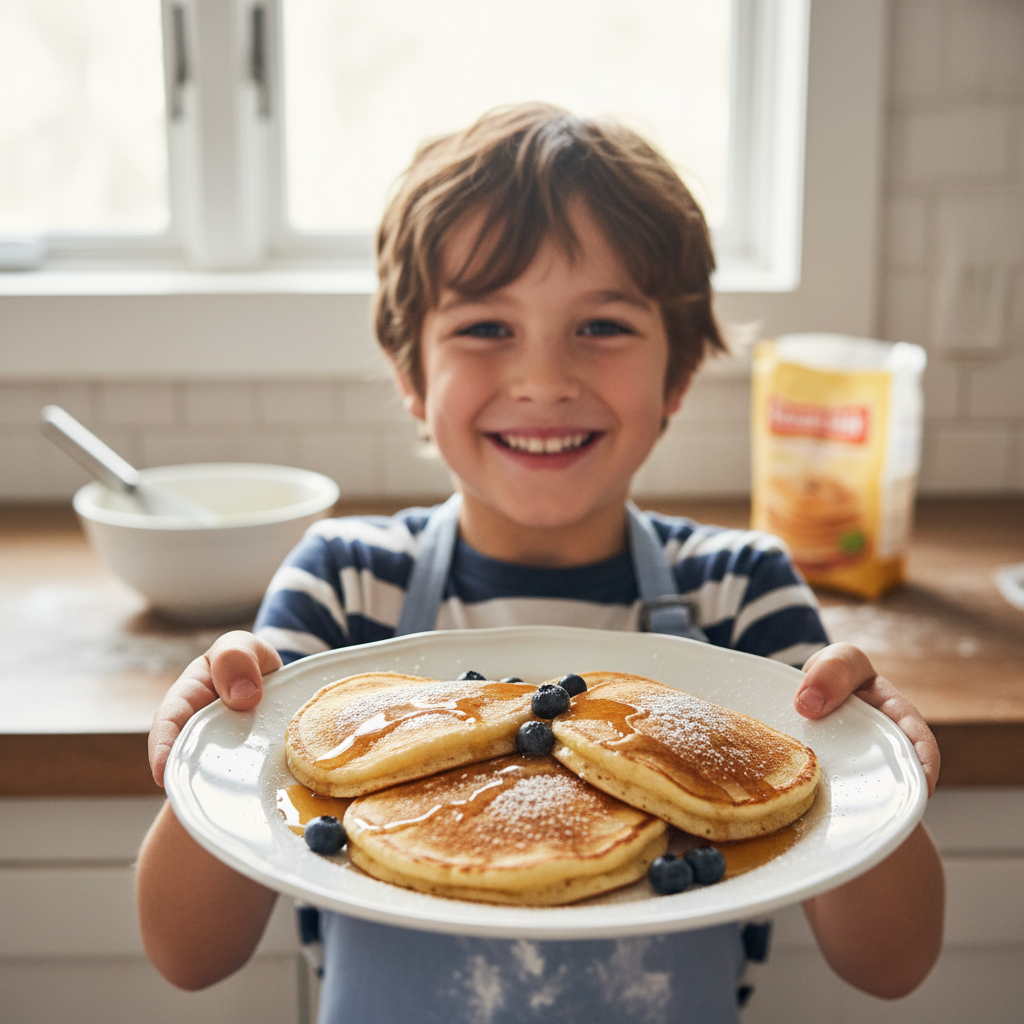 Young boy in a properly-tied apron presenting a plate of pancakes he made himself