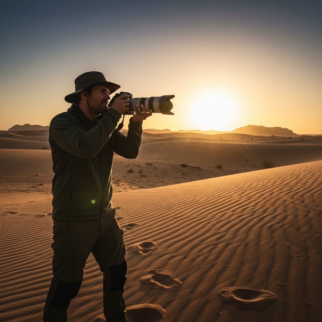 Photographer holding camera at golden hour in desert landscape, finally shooting again after a long break