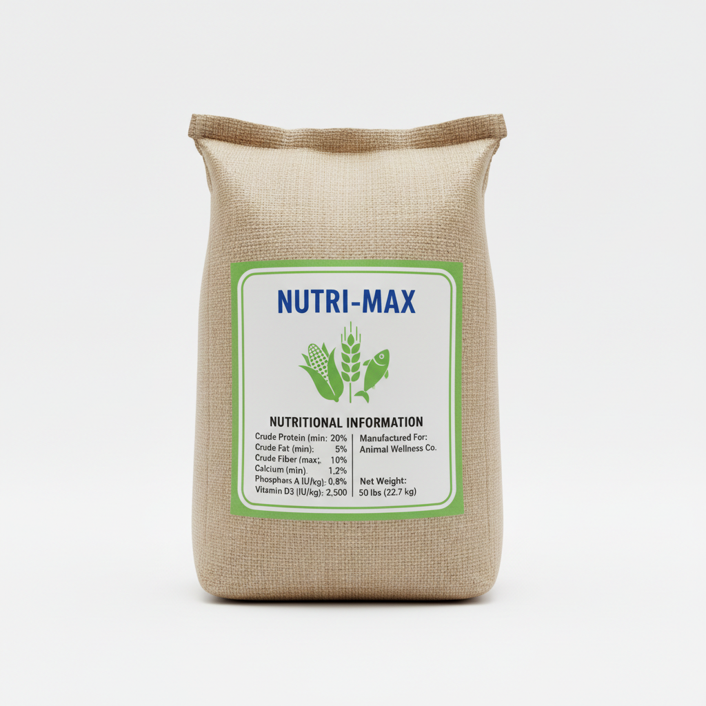 Bag of starter chicken feed pellets with nutritional information label