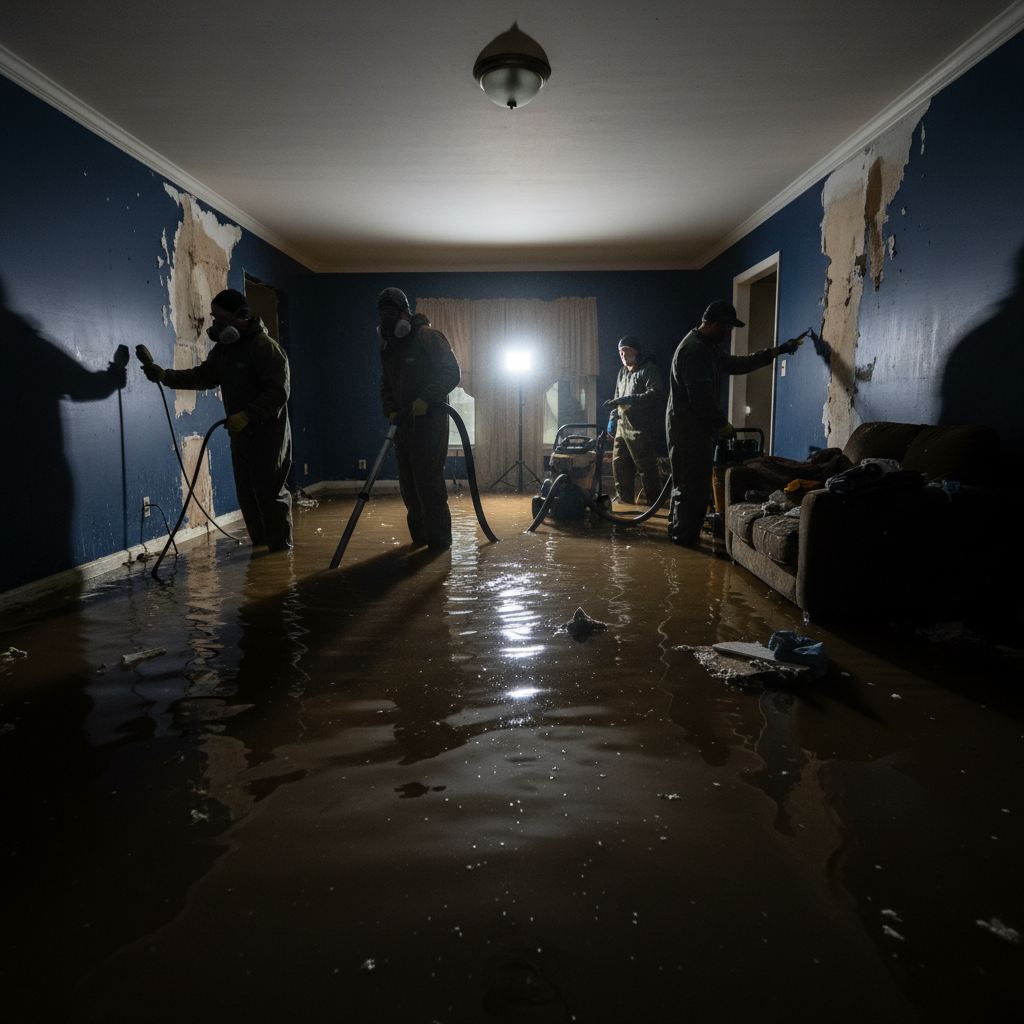 Flooded interior room with water covering the floor, damaged walls visible, dim lighting showing extent of water damage