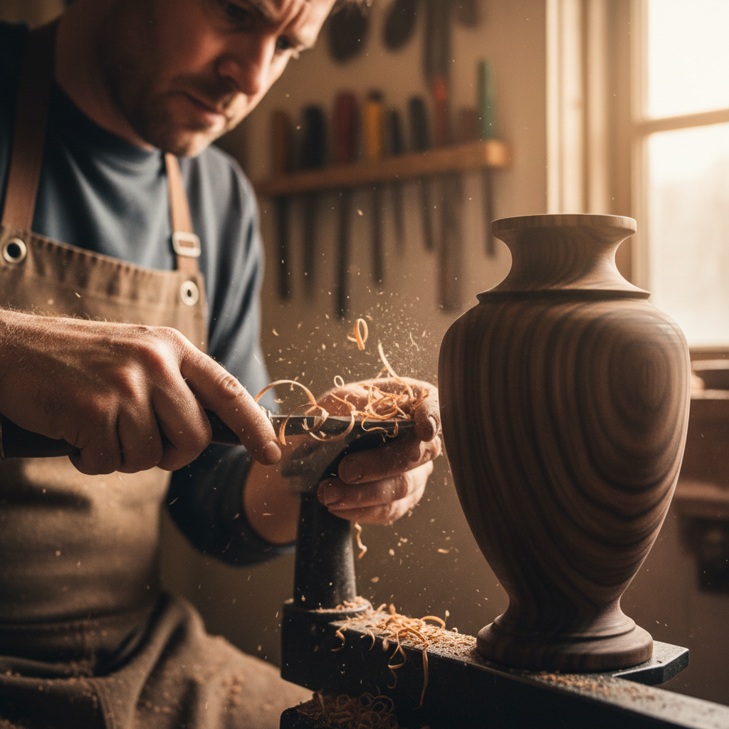 Artisan craftsman hands working on dark walnut wood in dim workshop with dramatic single overhead light