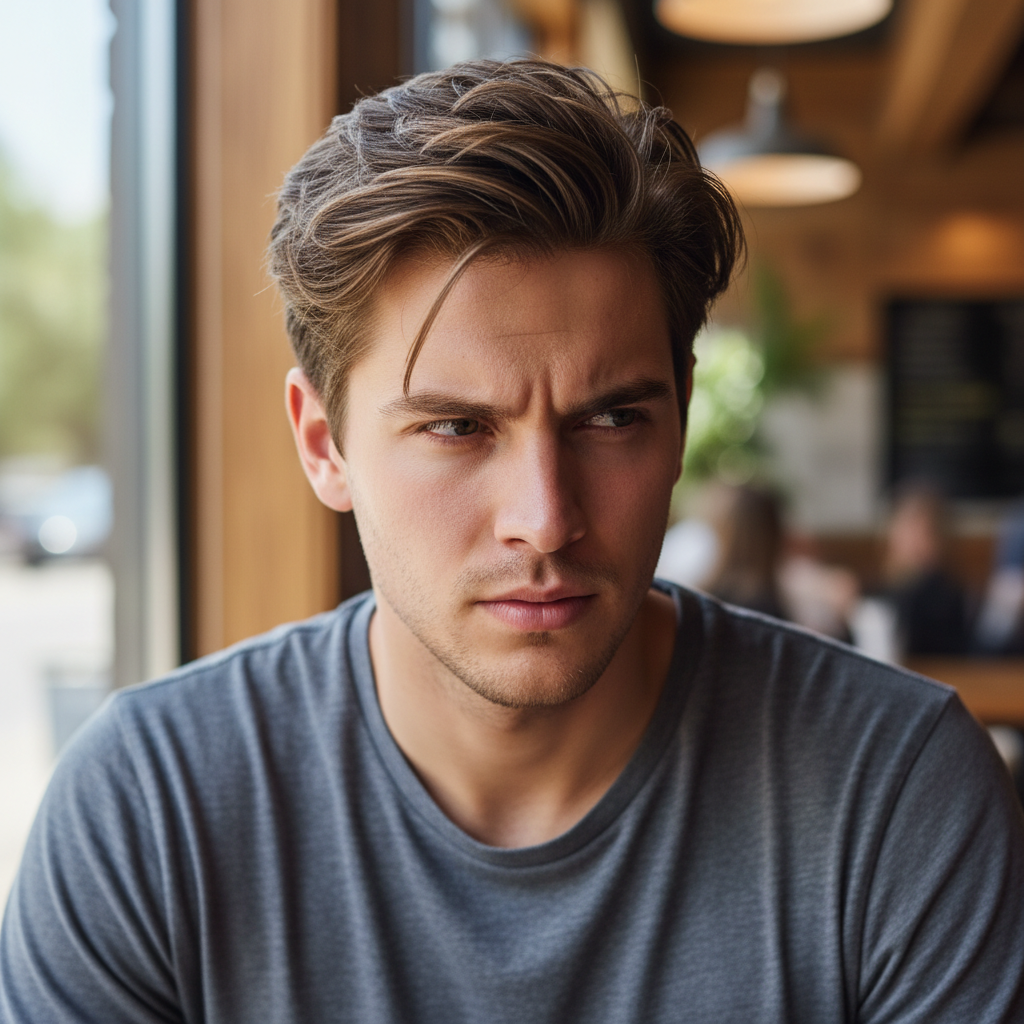 Young professional man in casual shirt with focused expression, bright background