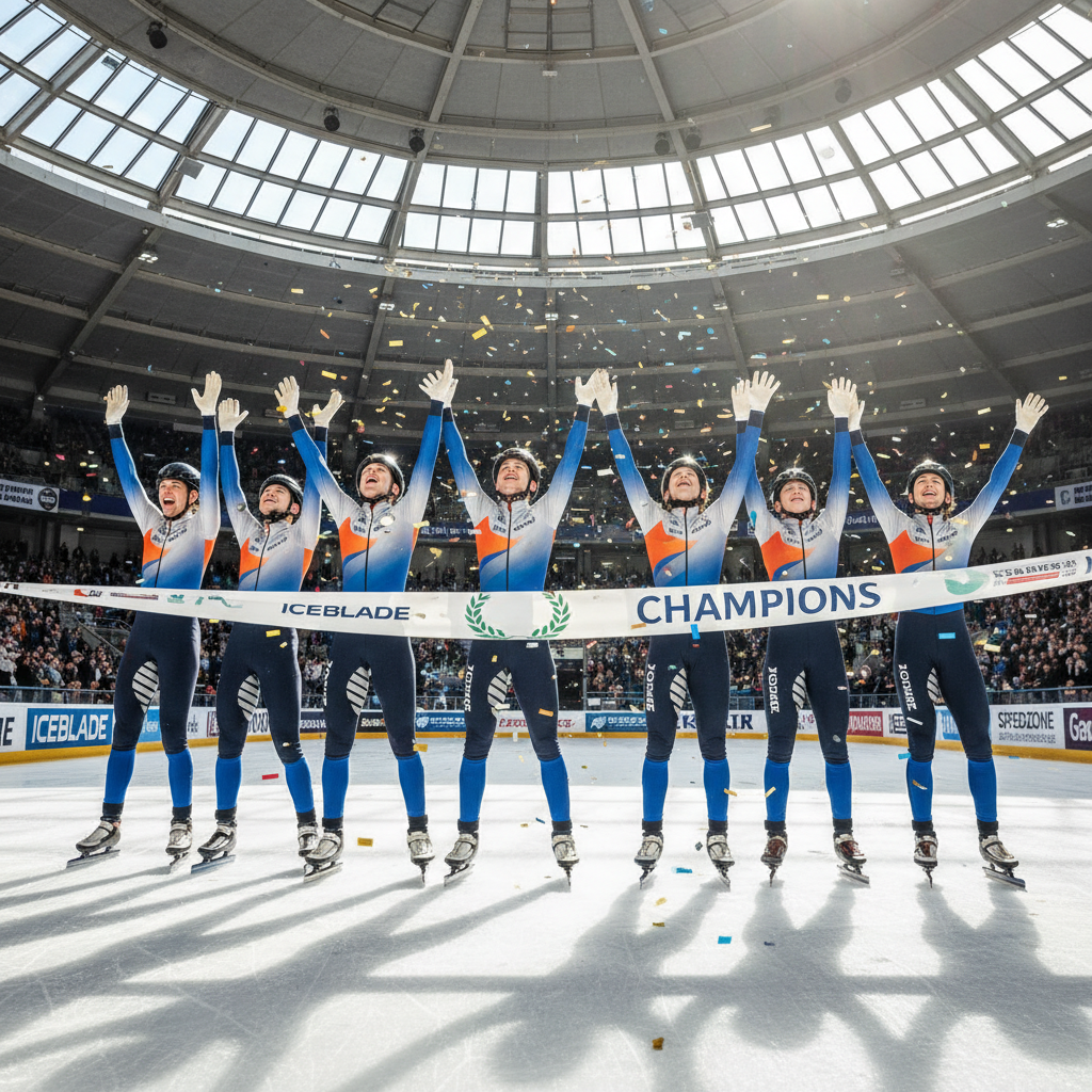 Athletes celebrating at finish line after short track race