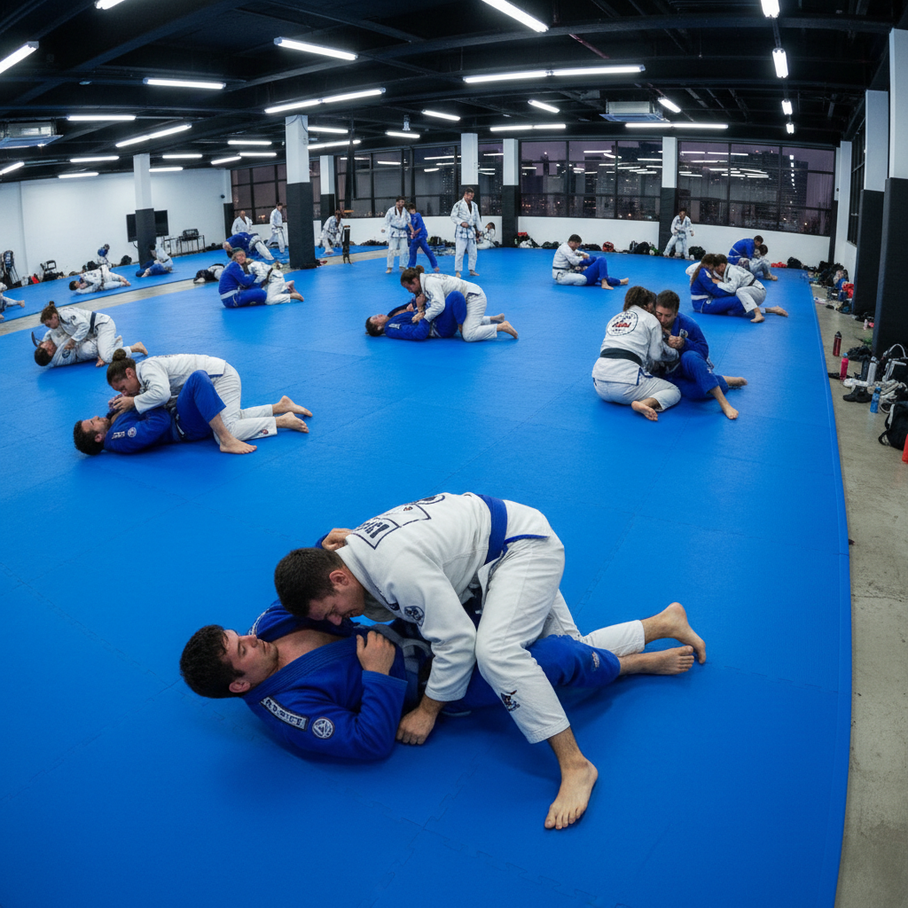 BJJ practitioners grappling on blue mat, bright training facility