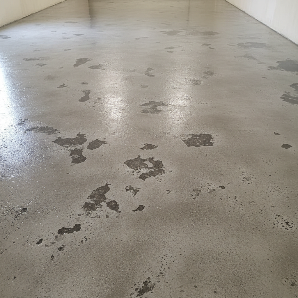 Freshly sealed concrete driveway showing glossy protective finish with water beading