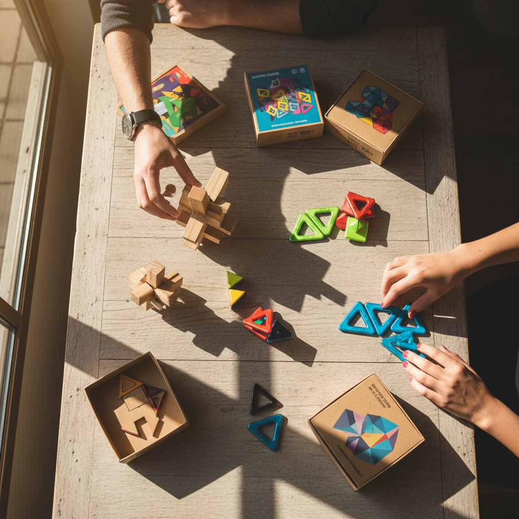 Top-down view of wooden burr puzzles, magnetic tangrams, and boxed brain teasers arranged on a sunlit table with two pairs of hands reaching in from opposite edges